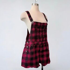 Hot Topic Red Black Plaid Denim Jean Shorts Shortalls Overalls Jumper Large